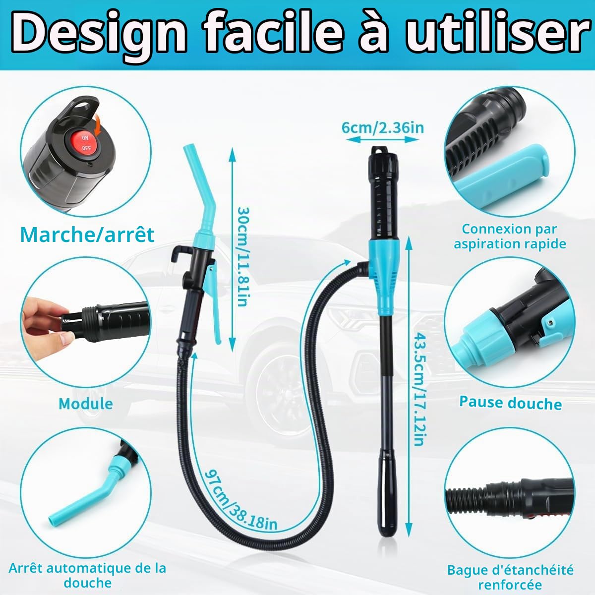 Pompe à Essence électrique à Piles, siphon, transfert de liquide, aspiration automatique, buse de régulation du débit 2,4 gallons/min, pour Essence, Diesel (Bleu)