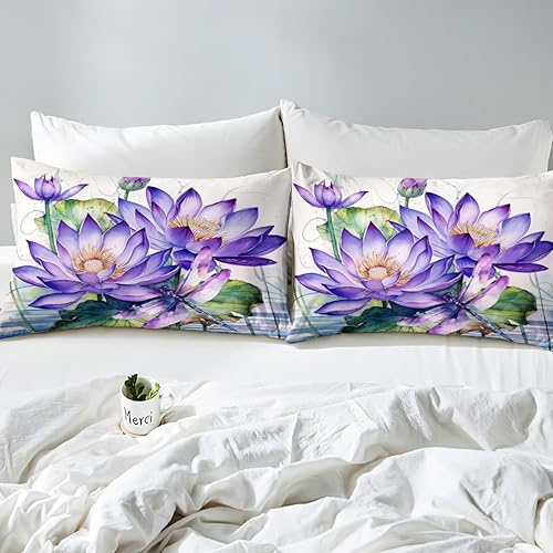 Miniatura 4 de Manfei Sábana bajera ajustable de flor de loto morado, tamaño individual, juego de ropa de cama bohemio de libélula de 2 piezas para niños, niñas y