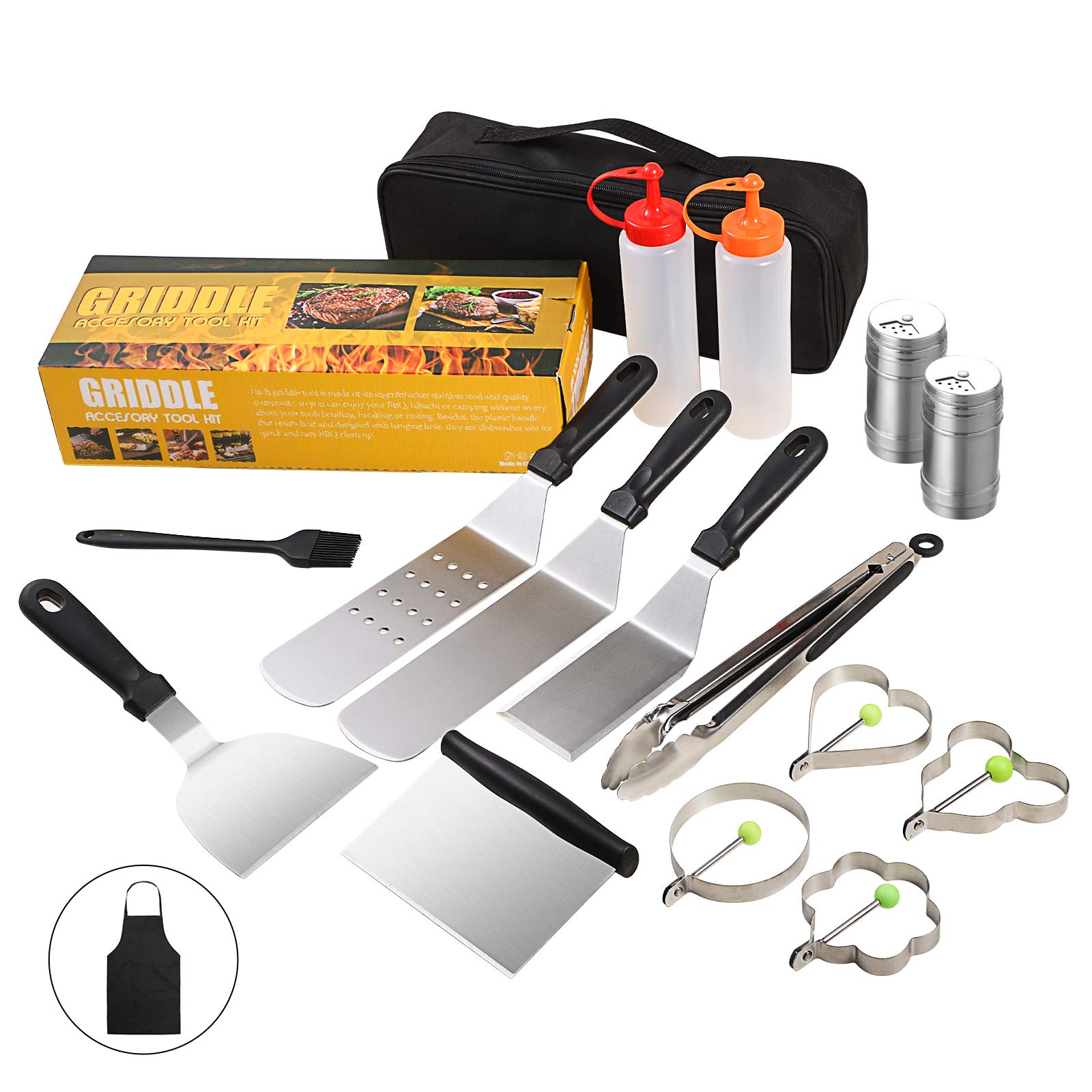HOLD U FUN BBQ Grill Tools Set- 18 Pcs Stainless Steel Heavy Duty Barbecue Grilling Accessories kit for Camping, Pizza Griddle Chicken Roaster Utensils with Bag
