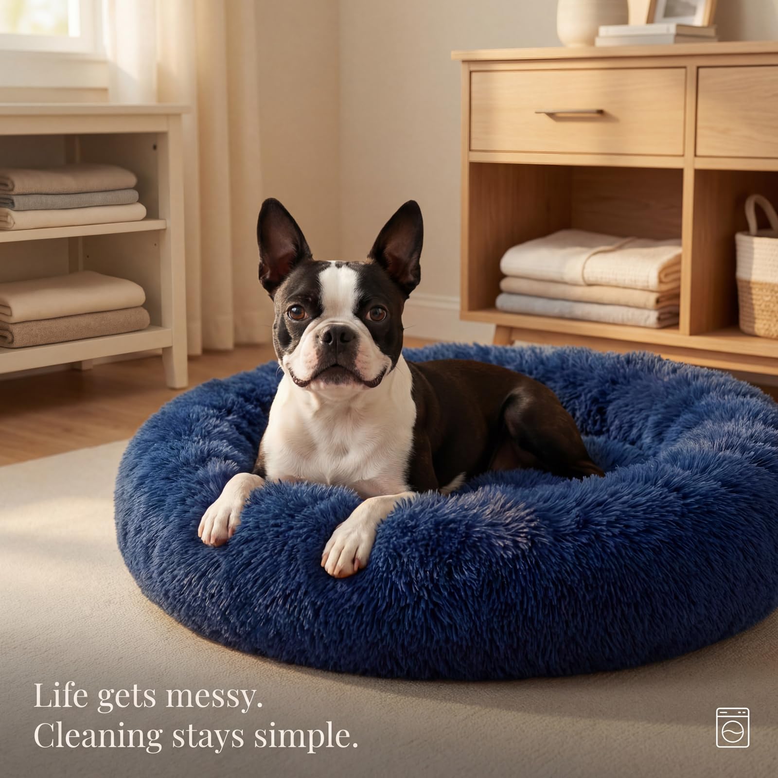 Beruhigendes Hundebett für mittelgroße Hunde, waschbar, Donut-Design, rutschfest, rund, flauschig, Plüsch-Kunstfell, Katzenbett, passend für Haustiere bis zu 20 kg, Marineblau