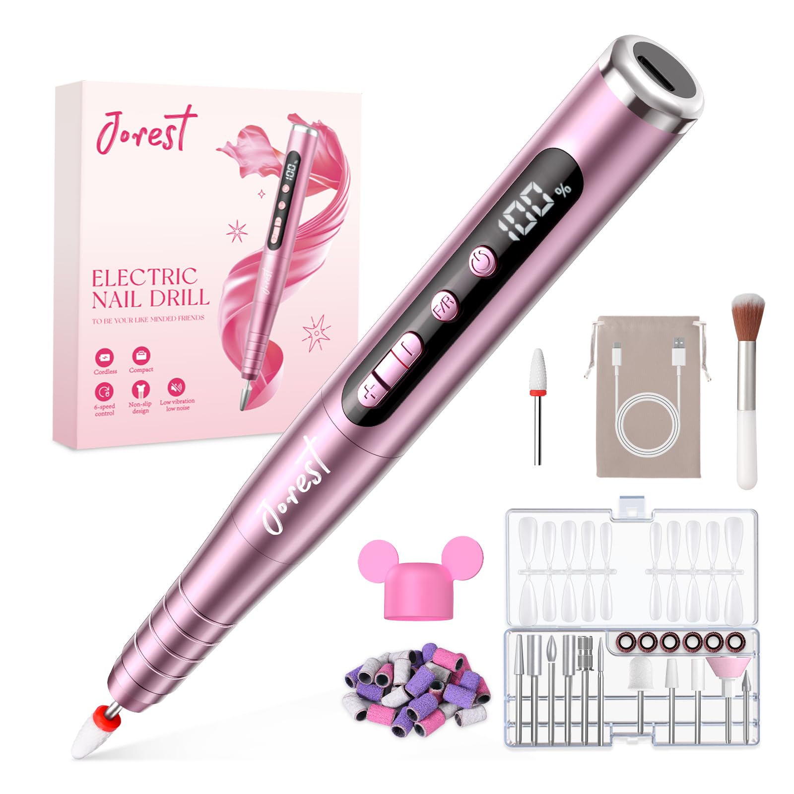 JOREST 13-in-1 Elektrische Nagelfräse Kabellos, 35.000 U/Min, 6-Stufen - Maniküre Set für Gelnägel & Acrylnägel - Nagelpflege für Anfänger - Rose Pink