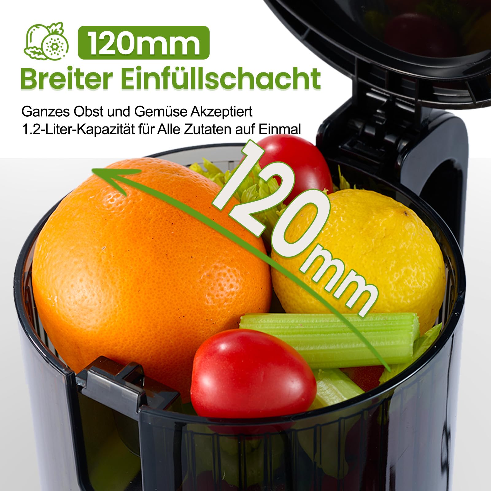 Ventray Ginnie Slow Juicer Entsafter | Elektrische Saftpresse mit 120mm Einfüllschacht für ganze Früchte & Gemüse | Doppelte Filterung | BPA-frei und einfach zu reinigen (Elfenbein)