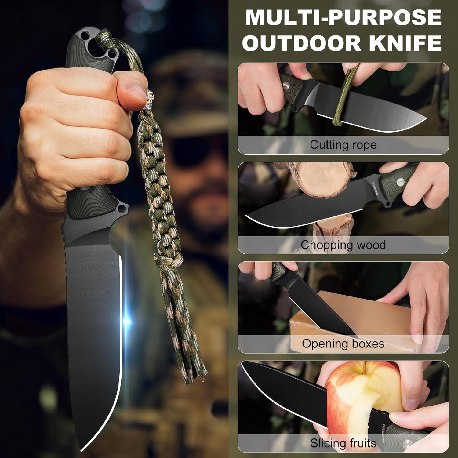 Full Tang Survival Knife YS-X1 - Razor Sharp Fixed Blade with Sheath, 8Cr14MoV Steel for Camping & Bushcraft, Includes Fire Starter & Tools