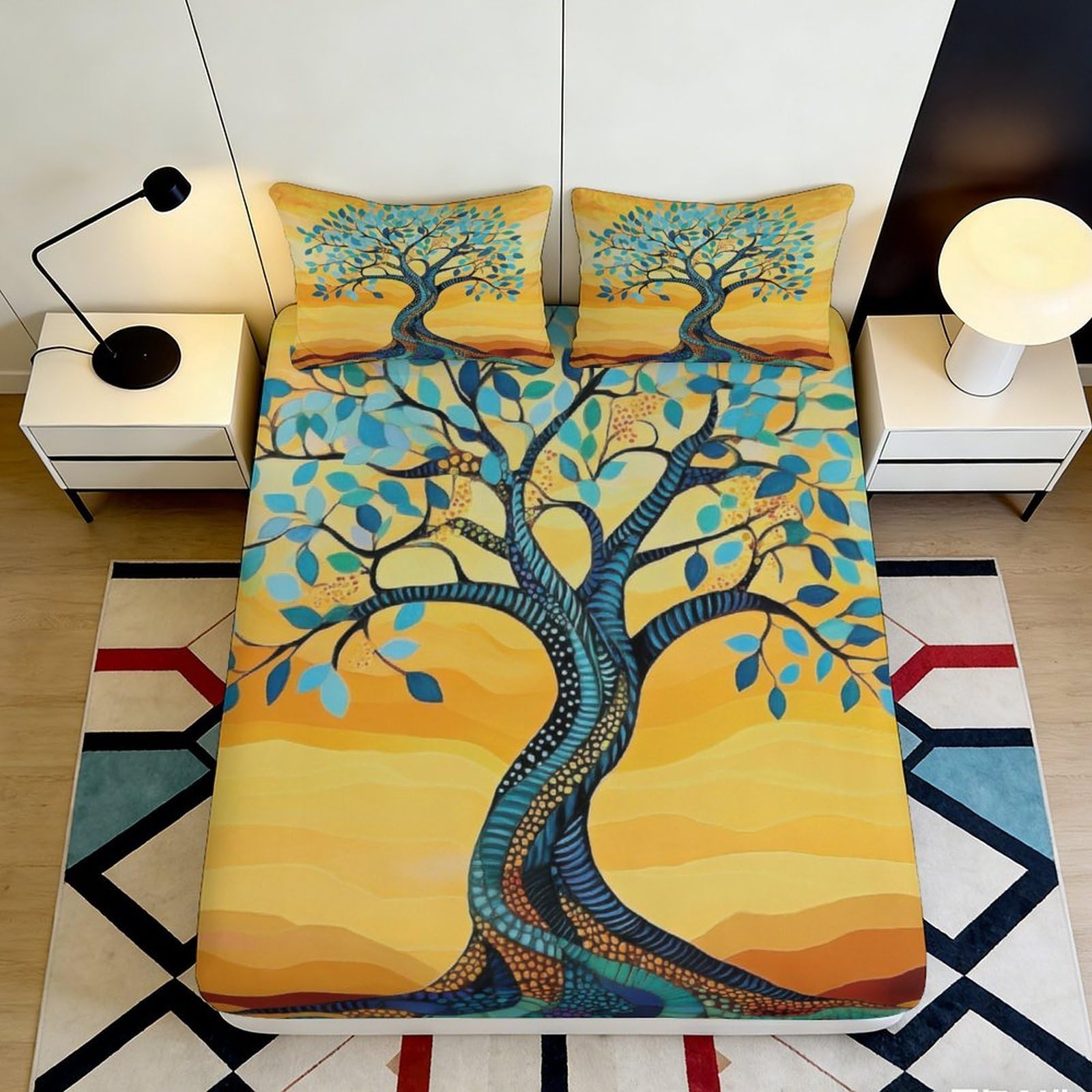 3D Printed Sunset Tree Fitted Sheet Microfiber Anti-Slip Artistic Bed Cover for Bedroom Guest Room Easy Care 90x200x25cm