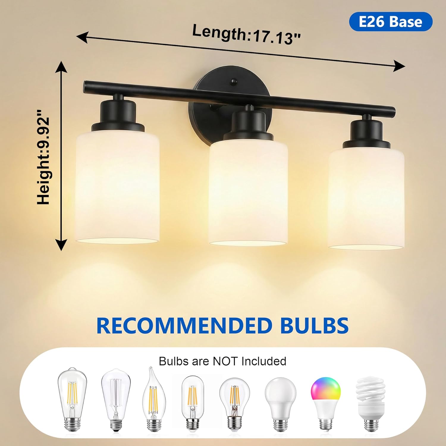 unicozin 3 light bathroom light fixtures, modern vanity lights with milky glass shade, black wall lamp over mirror for bathroom, living room, cabinet, bedroom, e26 base black & milky white glass 3 light