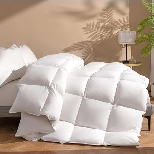 DWR Luxury Queen Size Down Comforter, 50% Real Down Filled, Ultra-Soft Cotton Blend, Medium Weight for All Season, Hotel Style Duvet Insert with Ties (90x90 Inches, White)