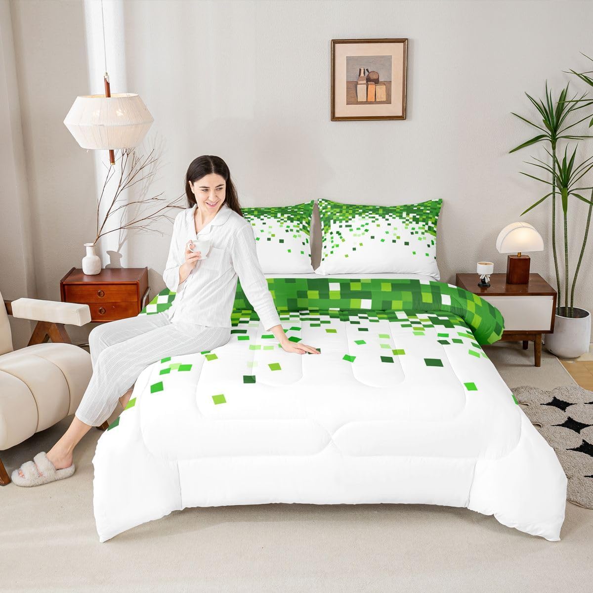 Pixelated Miners Game Kids Comforter Set Full Size,Geometric Check Video Games Bedding Set,Room Decor,Gamepad Grid Modern Gaming Quilt Comforter,White Green Duvet Set Bedroom Quilt Set,2 Pillowcases image 2