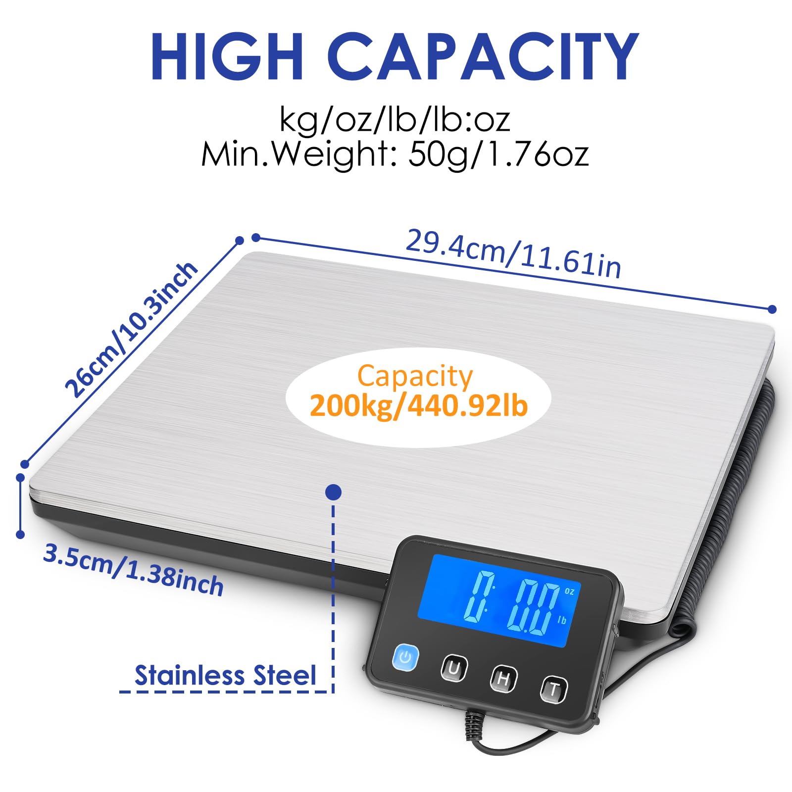 Balance Postale, 50g-200kg Balance Colis Numérique de Haute Précision, Balance pour Colis avec Fonction Hold/Tare, Inoxydable Pese Colis pour Colis Entrepôt Bagages, Écran Lcd Externe