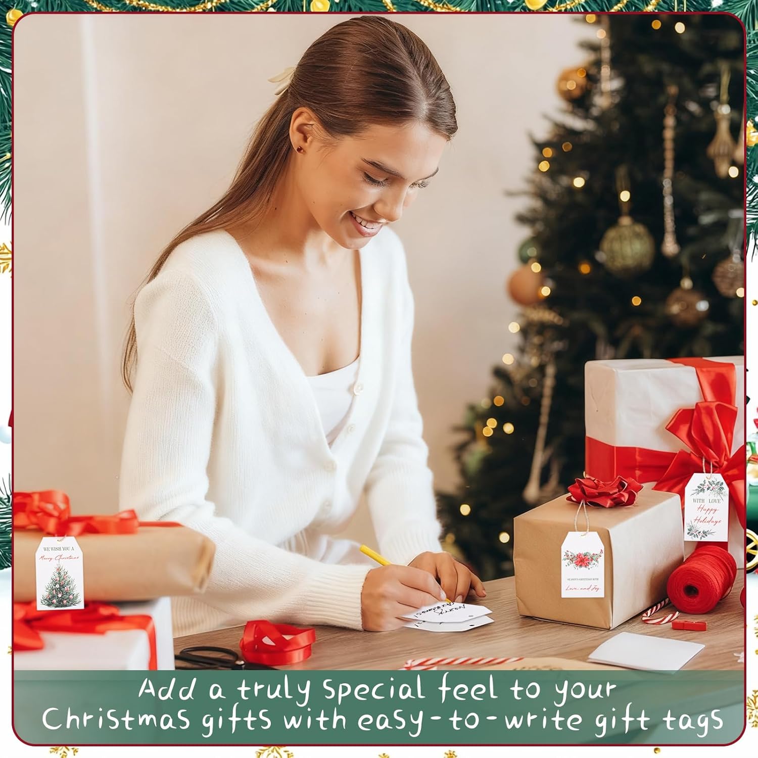 100PCS Christmas Gift Tags 10 Styles Watercolor Christmas Tree Pinecone Tags with String Celebrations Tag for Present Wrapping Xmas Holiday Seasonal Party Favors - Image 6