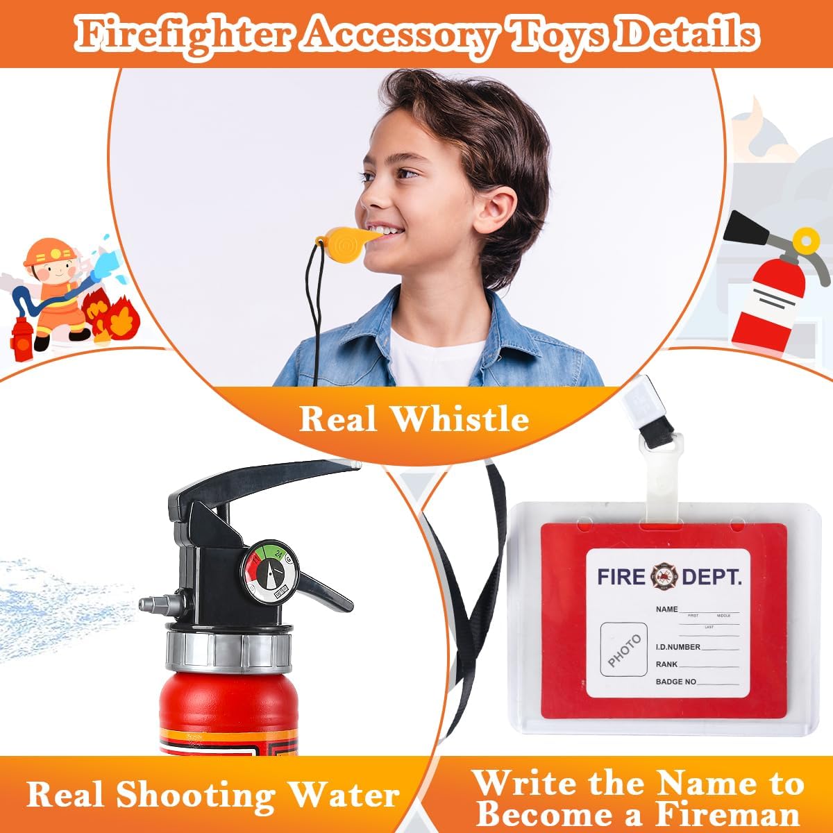 Firefighter Costume for Kids 3-5, Fireman Costume for Boys with Toy Accessories Set, Firefighter Clothes Suit, Toddler Fireman Dress Up Outfit 2-4t, Halloween Role Play for Boys Girls Age 4-7