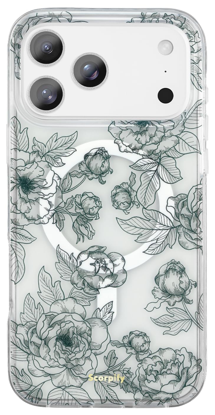 SCORPIFY for iPhone 17 Pro Max Case [Compatible with MagSafe] with Matte Queen of Flower Floral Design, Cute Clear Magnetic Phone Cover for Women Girls, [Non Yellowing] Black Slim Bumper