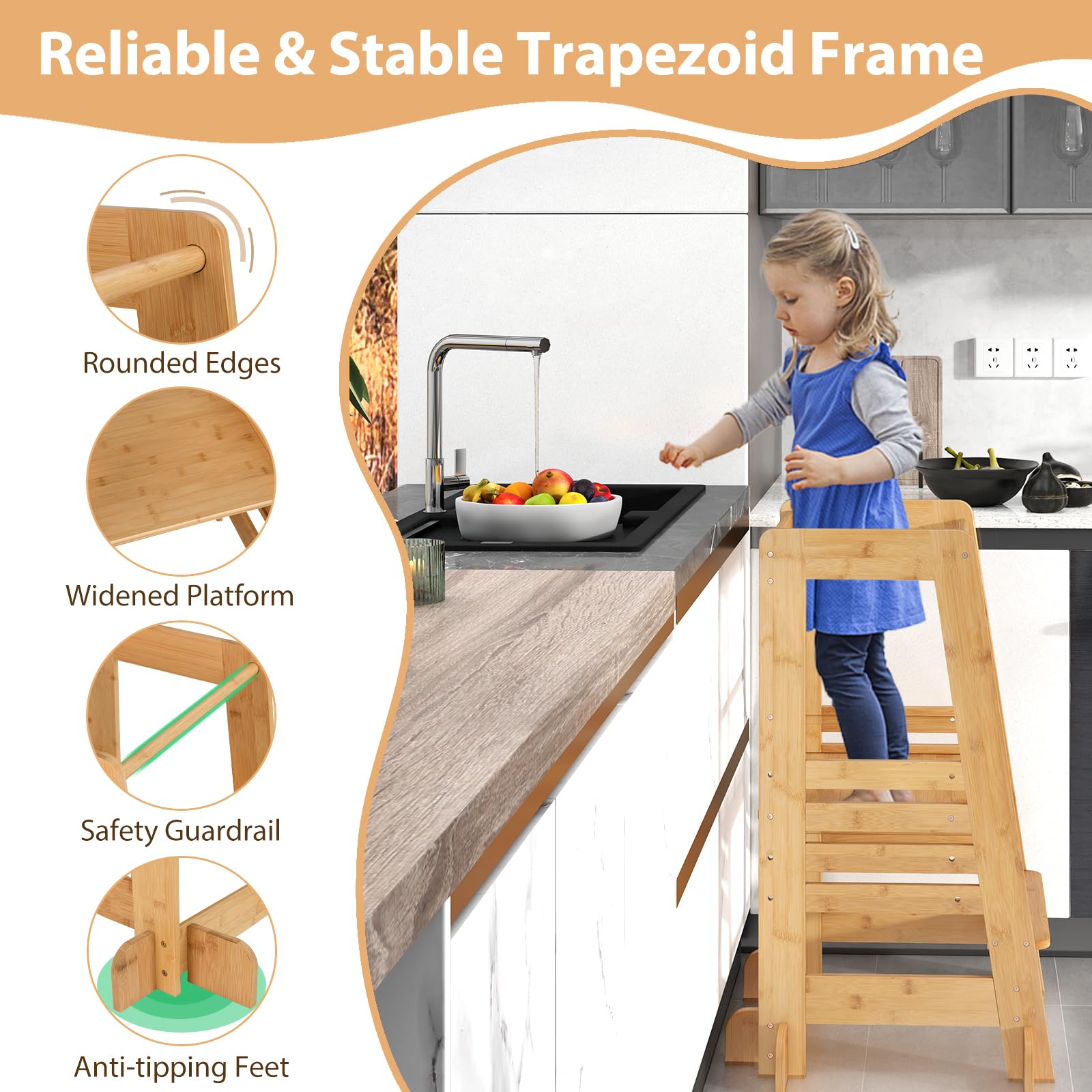 GYMAX Taburete para niños, Soporte de Cocina de bambú con Plataforma Ajustable en Altura y riel de Seguridad, Torre de Aprendizaje de Madera para baño, guardería