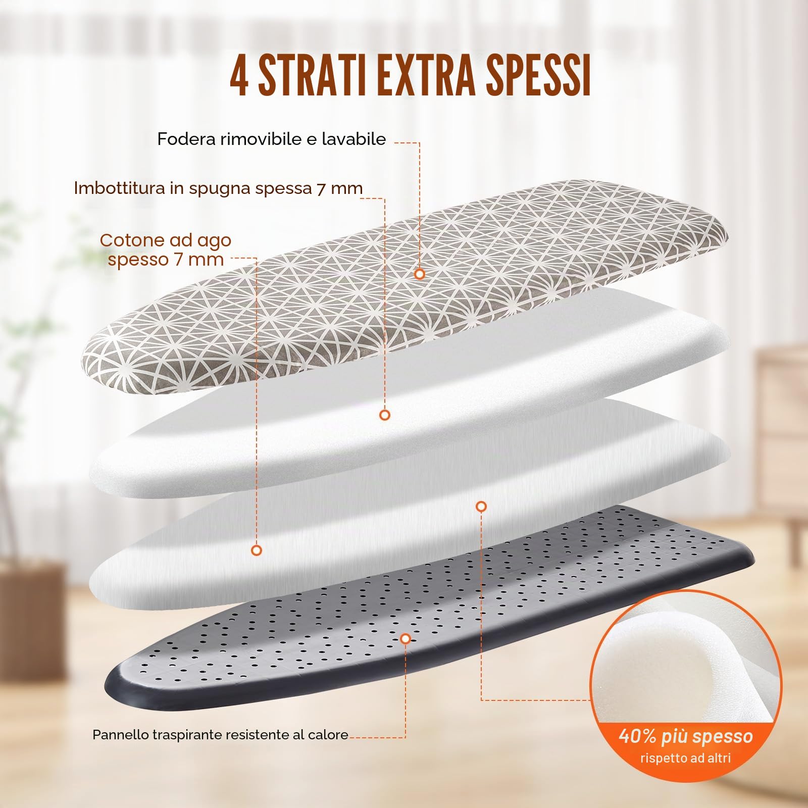 VEVOR Asse da Stiro 110 x 33 cm Asse da Stiro 4 Strati 7 Altezze Regolabili 715-915 mm con Copertura Anti-calore 100% Cotone per Casa Lavanderia Bagno 1292 x 334 x 915 mm, Asse per Stirare Pieghevole