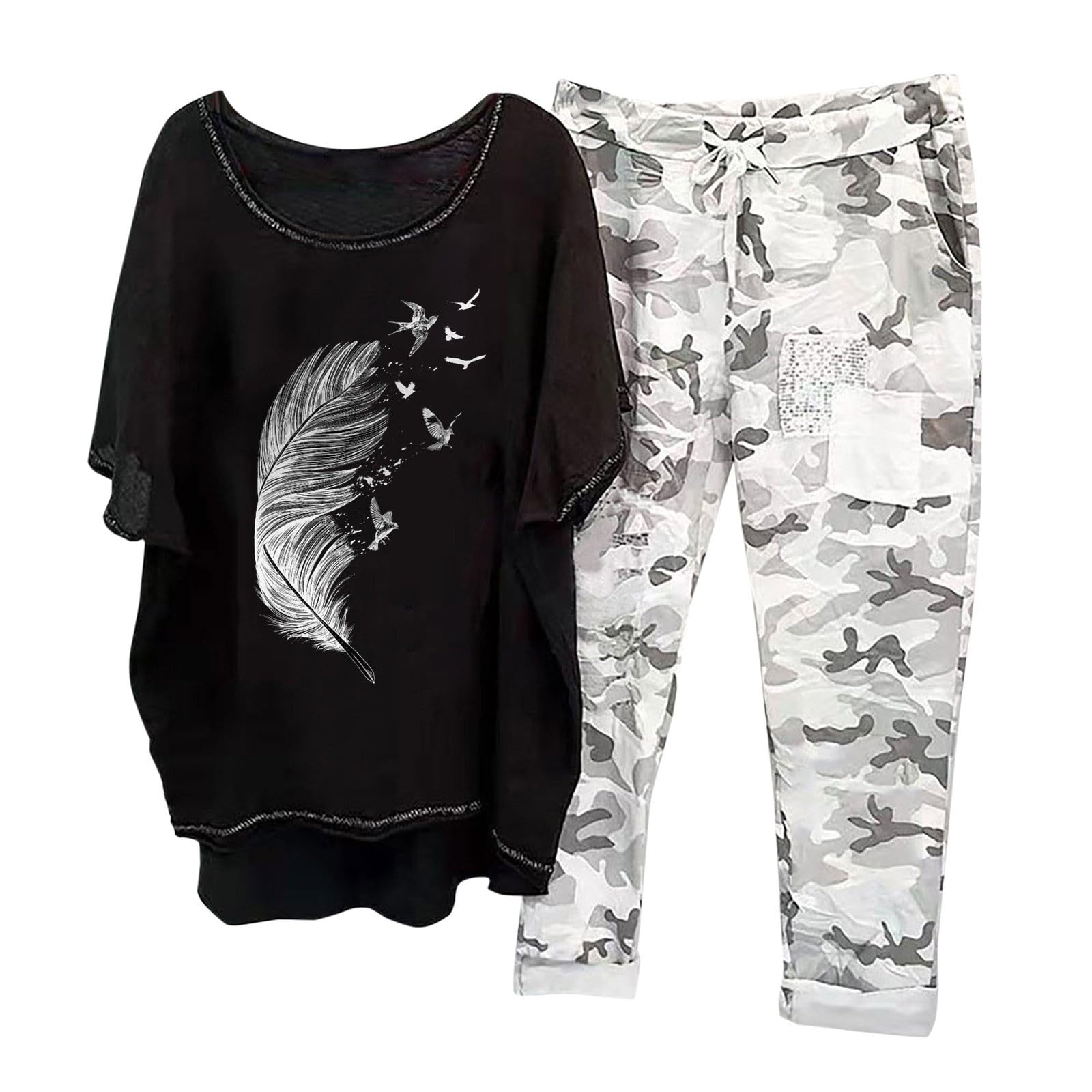 Generisch Traje de casa de dos piezas para mujer, elegante, algodón, camiseta y pantalones, 2 piezas, conjunto de cuello redondo, tallas grandes, aireado, informal, de dos piezas, para verano, holgado, traje