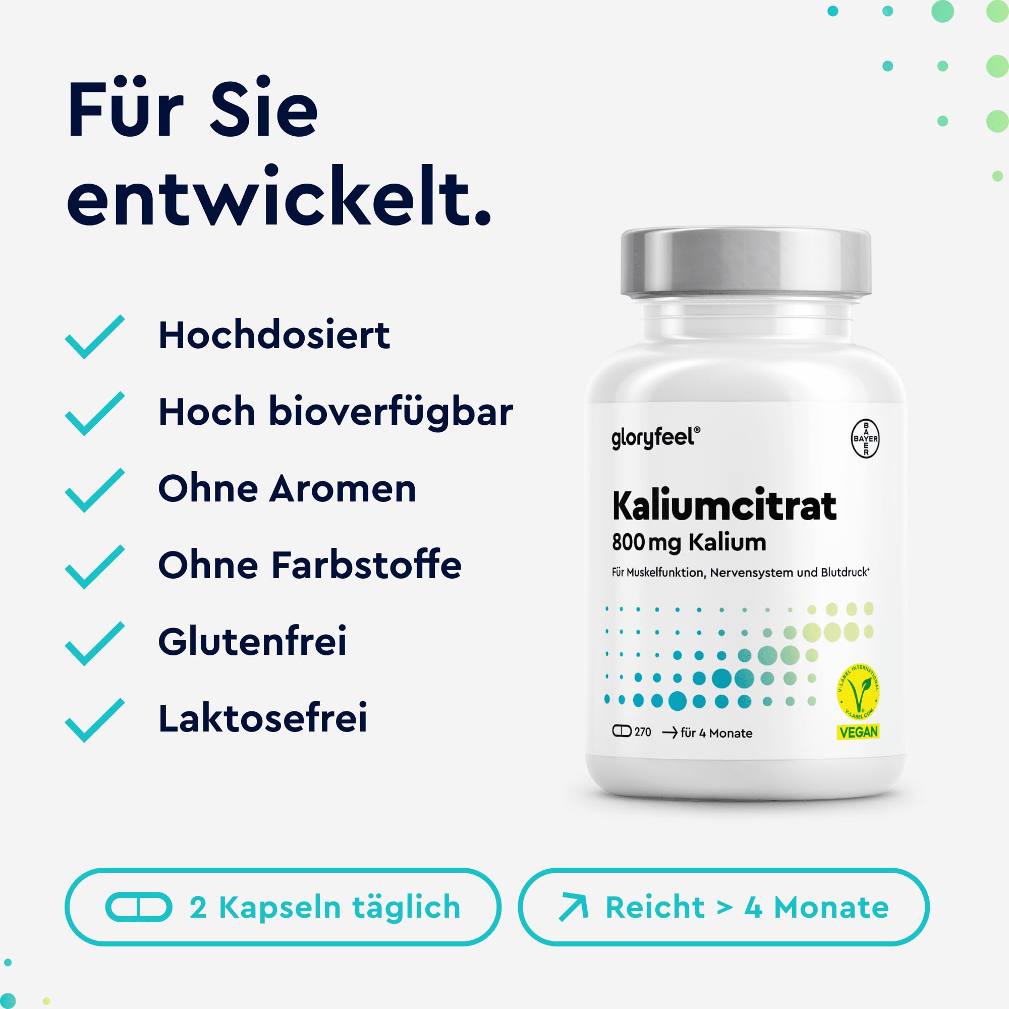 Kalium 270 Kapseln (+4 Monate) - 800mg elementares Kaliumcitrat hochdosiert - für Blutdruck, Muskelfunktion und Nervensystem * - vegan, laborgeprüft & ohne Zusätze - in Deutschland entwickelt
