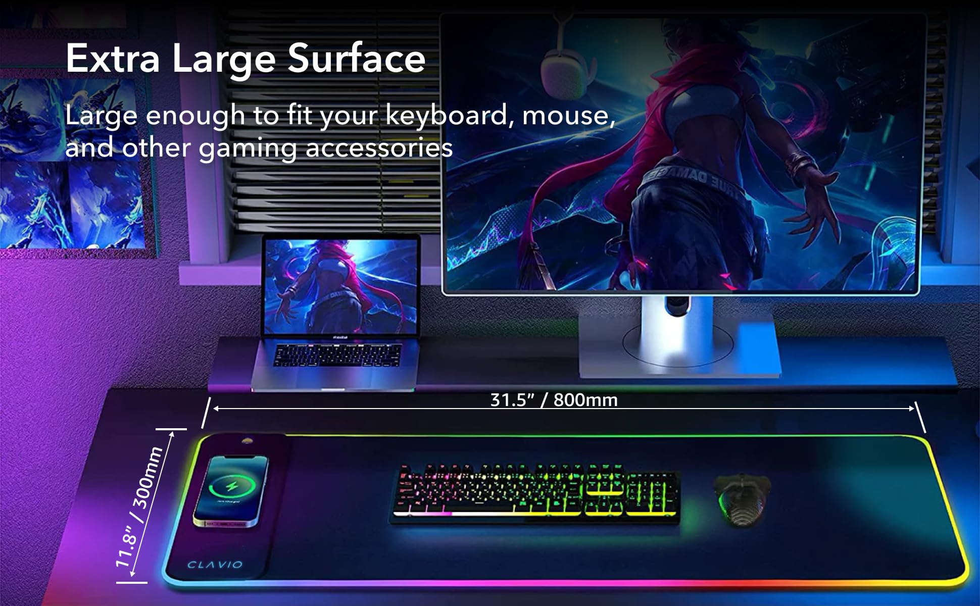 Tappetino per mouse da gioco RGB con ricarica wireless da 15 W, tappetino per mouse a LED, 80 x 30,5 cm, base in gomma antiscivolo, 10 modalità di illuminazione, tappetino da scrivania RGB per