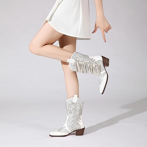 Miniatura 5 de Tsrenlmln Botas de tobillo para mujer, con punta puntiaguda, con diamantes de imitación, tacón grueso, remaches, botas vaqueras occidentales con