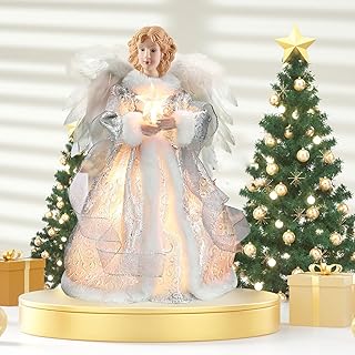 Mumisuto Exquisite Christmas Angel Tree Topper Decorations - 12.6 Inch Fairy Topper With Feather Wings - Light Up - Xmas Tree Topper