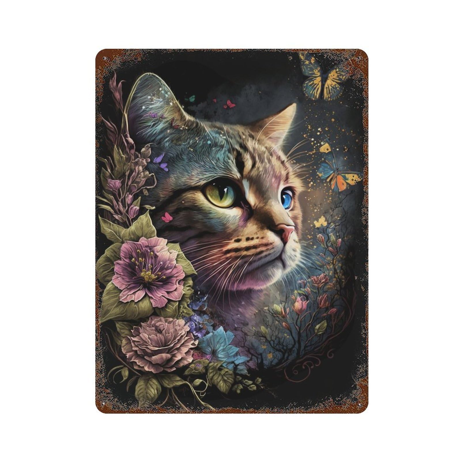 Fantasy Cat with Flowers -1 Aged Metal Wall Plaque 15.7"x11.8", Classic Wall Plaque for Garage, Pub Or Kitchen