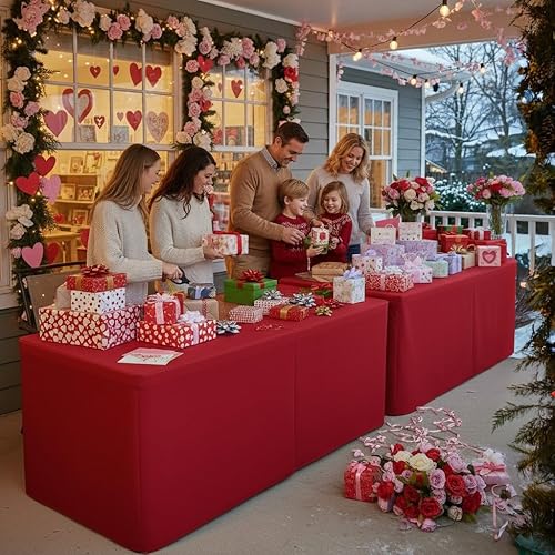 Miniatura 2 de HolidayIdeas Paquete de 2 Manteles Ajustados Rojos para Mesas de 6 pies, Cubierta de Mesa Navideña de 4 Lados para Mercados Navideños, Fiestas