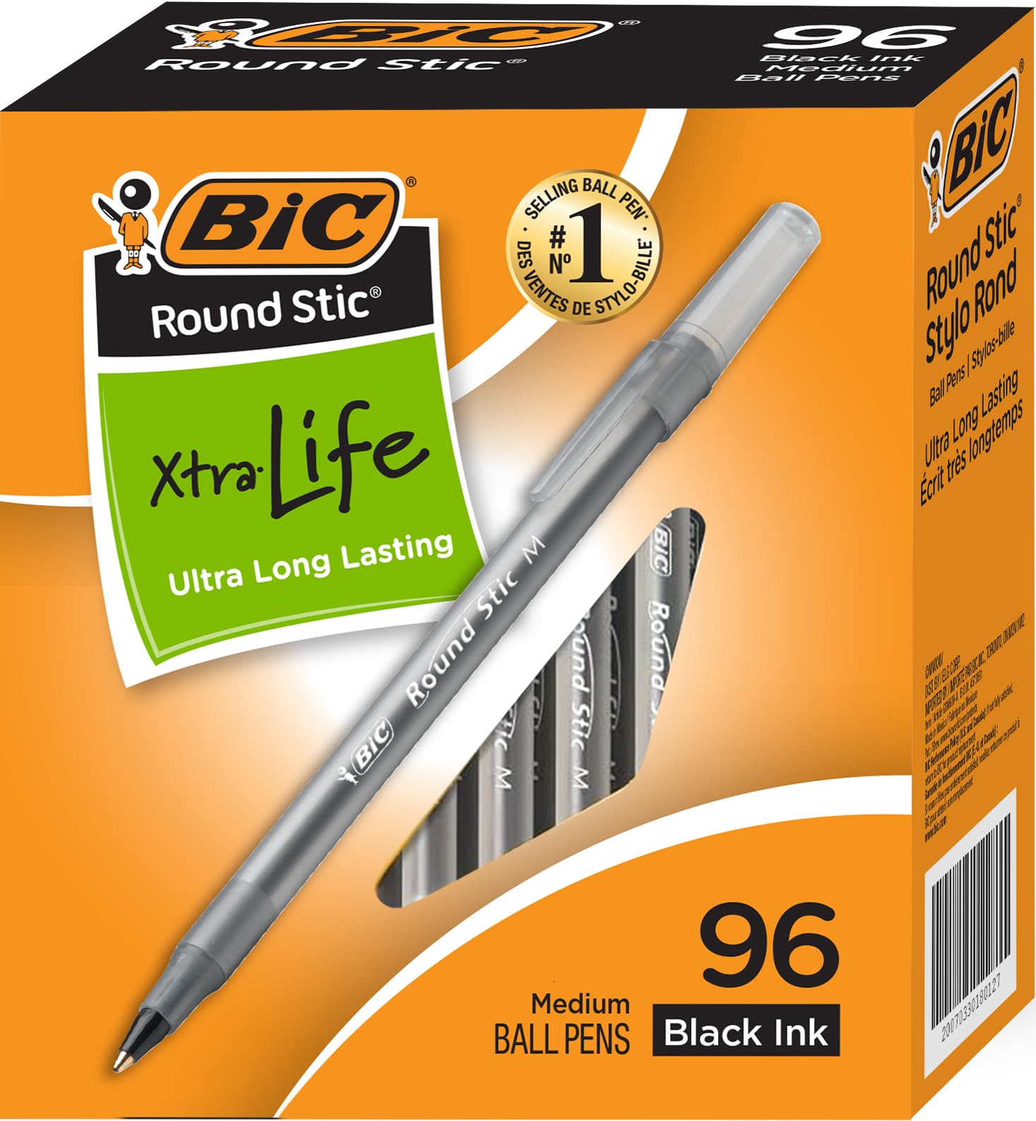 BIC Round Stic Xtra Life Ballpoint Pens - Medium Point 1.0mm, Ultra Long Lasting and Consistent Ink Flow, Pack of 96 Black Pens