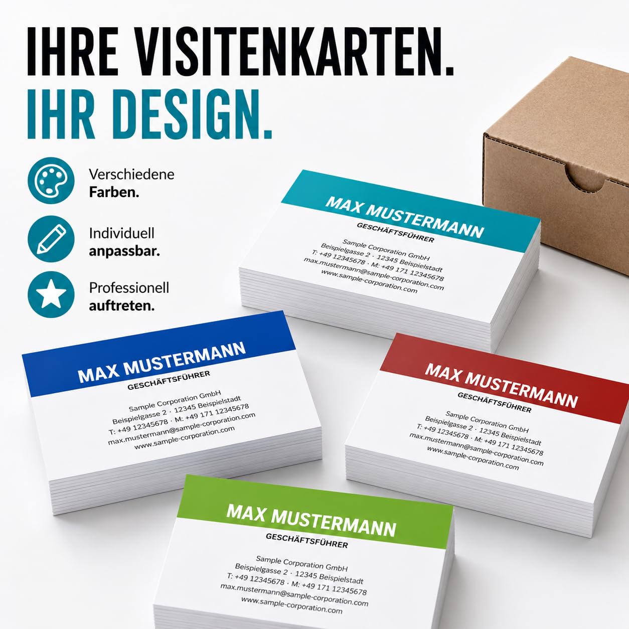 Visitenkarten, prinux, Professionell, 1800 Stück, 400g-Karton, mit Wunschtext - Text, Schriftart und Farben sofort online anpassen