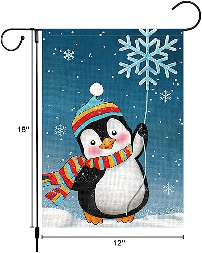 Miniatura 8 de Bandera de jardín de Navidad de bienvenida de pingüinos de invierno, 12 x 18 pulgadas, de arpillera de doble cara, bufandas de copos de nieve,
