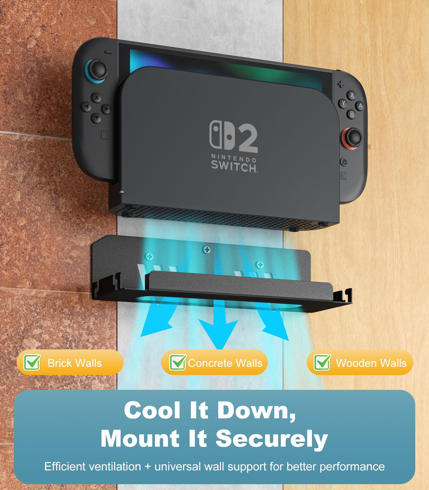 MoKo Support Mural Compatible avec Nintendo Switch 2 2025, Support de Jeux Vidéo en Métal avec 4 Crochets pour Joy-Con, Étagère Murale avec des Trous pour la Dissipation de la Chaleur, Noir