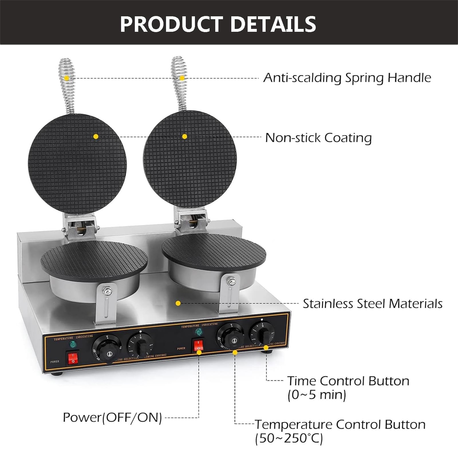 Commercial Double Head Ice Cream Cone Maker Machine - 1200W+1200W, Non-Stick, With Timer & Temp Control