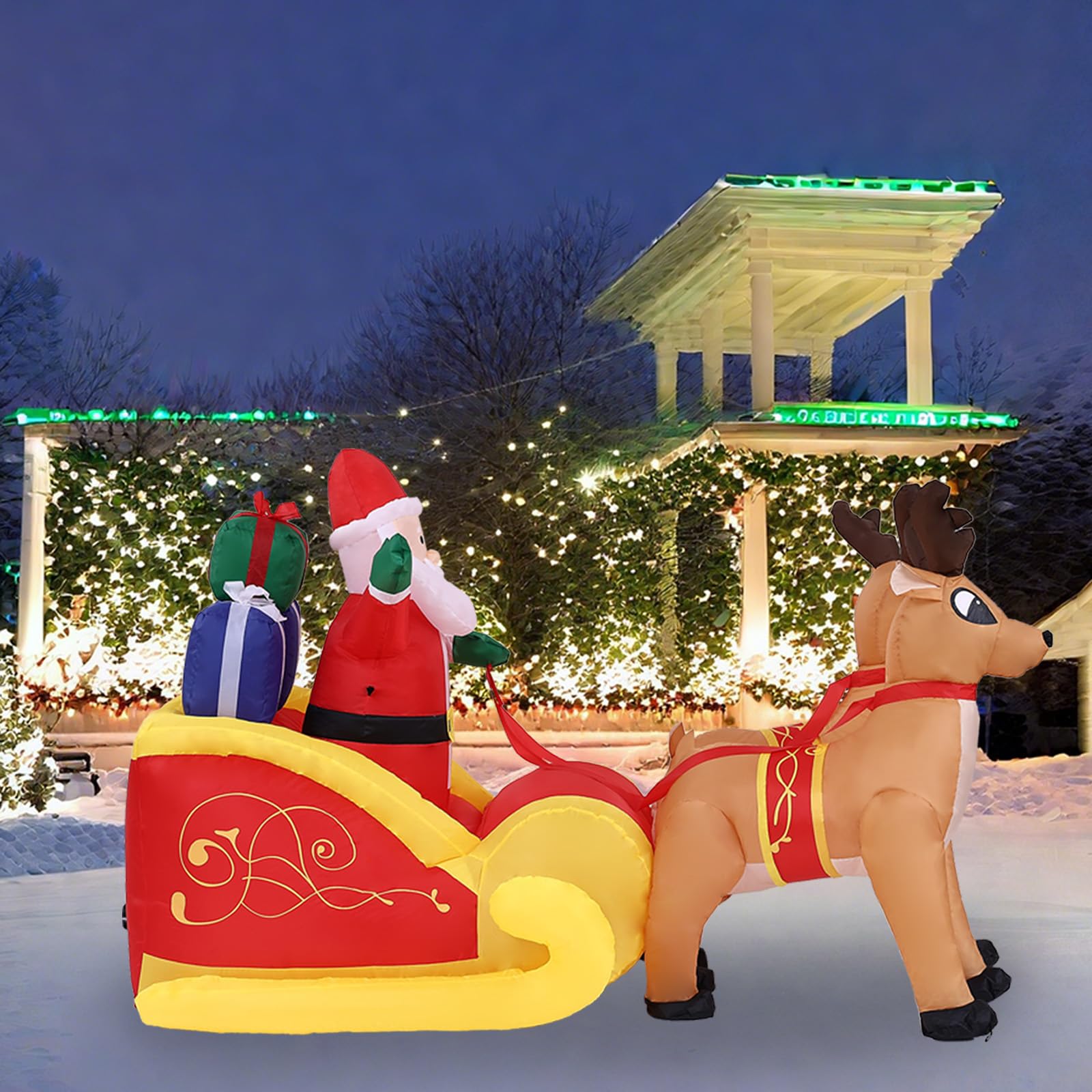OHMG 220 cm Papá Noel inflable con trineo y renos con 5 luces LED integradas, autoinflable eléctrica, decoración navideña interior y exterior, impermeable, para césped jardín