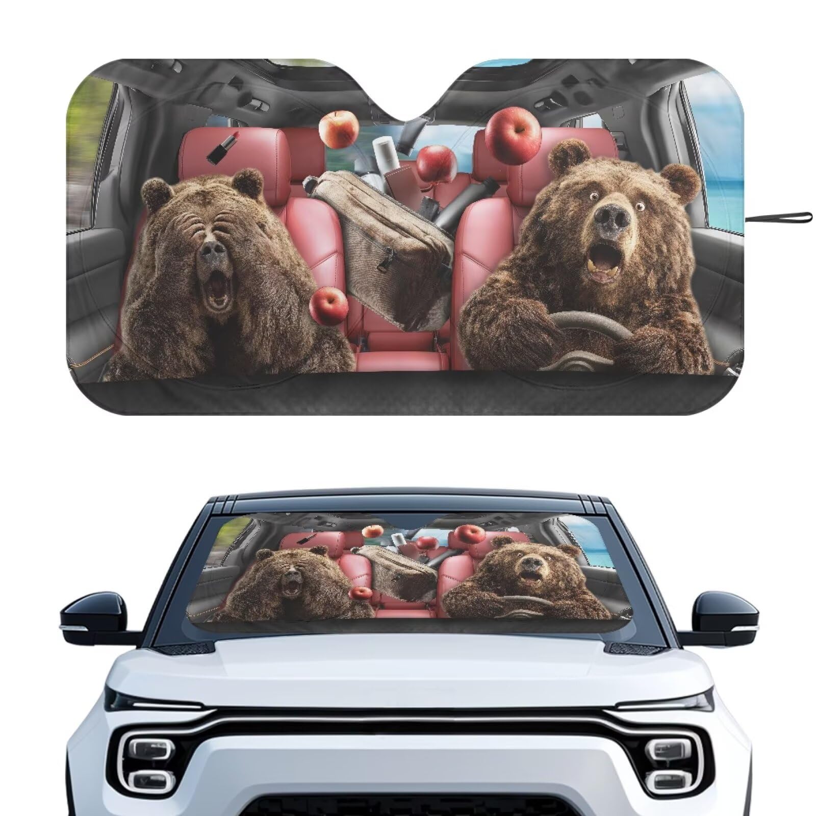 Funny Bear Drive Car Front Windshield Sun Shade Sunshade Visor Windshield Cover Automotive Interior Accessories for Sun Protection, Universal Fit Most Cars Women Men