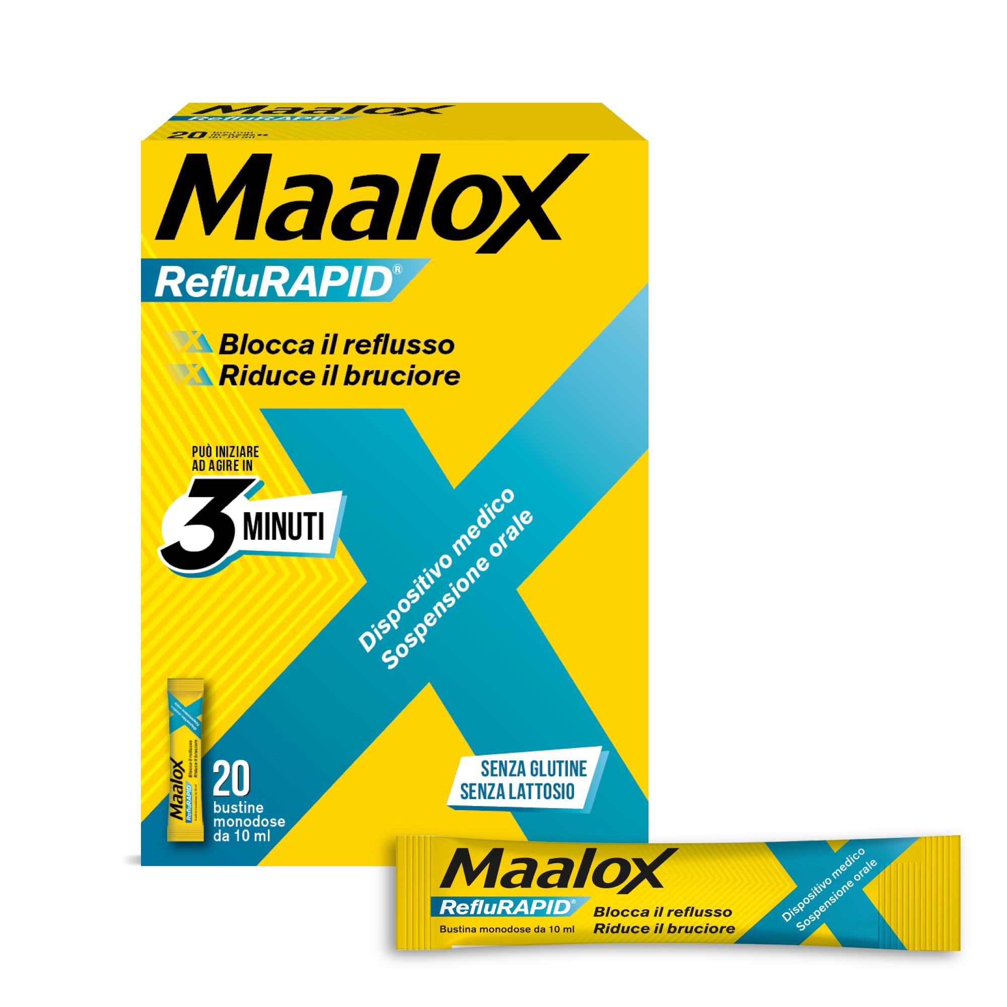 Maalox Reflurapid Blocks Gastroesophageal Reflux, Reduces Burning and Stomach Acidity, Even in Pregnancy - with Sodium Bicarbonate, Gluten Free, Lactose Free (20 Mint Flavour Sachets)