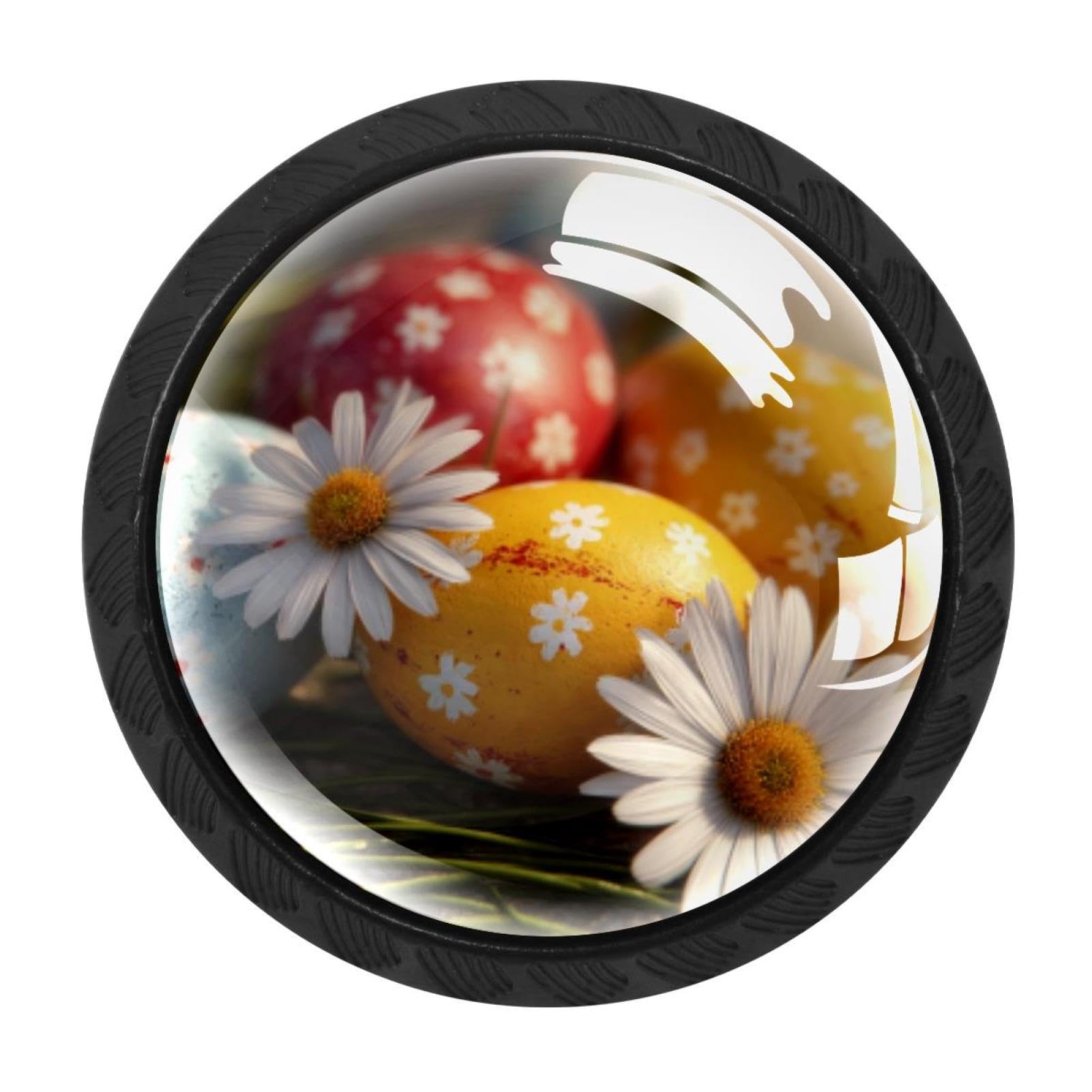 CHENZZZZ 4 Pack Round Cabinet Knobs for Kitchen Bathroom Closet Dresser Cabinets, Happy Easter Eggs Daisy