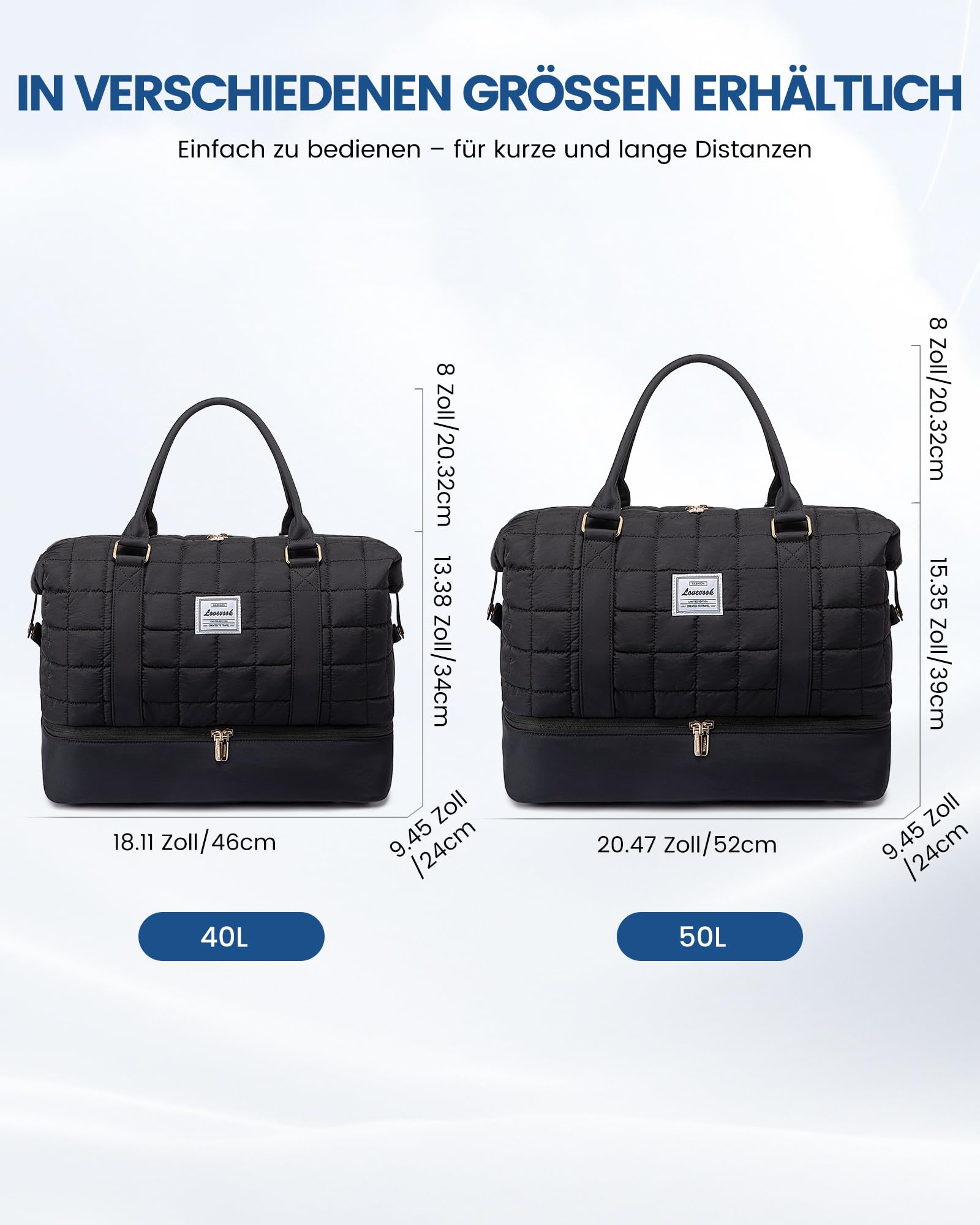 LOVEVOOK Reisetasche Damen Groß, Leicht Puffer Weekender Handgepäck Tasche Kliniktasche Geburt Krankenhaustasche mit Schuhfach & Nassfach, Travel Bag Sporttasche für Flugzeug Reise, Schwarz