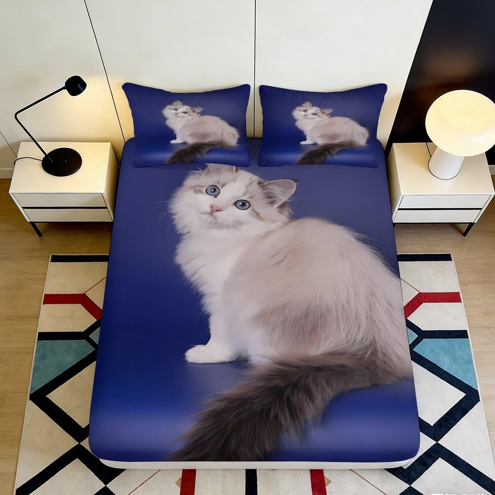3D Printed White Ragdoll Cat Fitted Sheet Microfiber Blue Bedroom Decor Fluffy Kitten Mattress Cover for Home Dorm 90x200x25cm