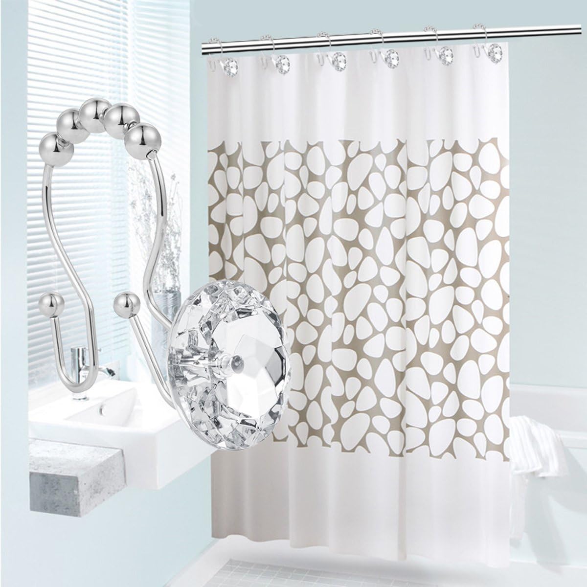 FINROS Decorative Shower Curtain Hooks, 12 Pcs Acrylic Double Glide Shower Curtain Hooks for Bathroom and Living Room (Clear) : Home & Kitchen
