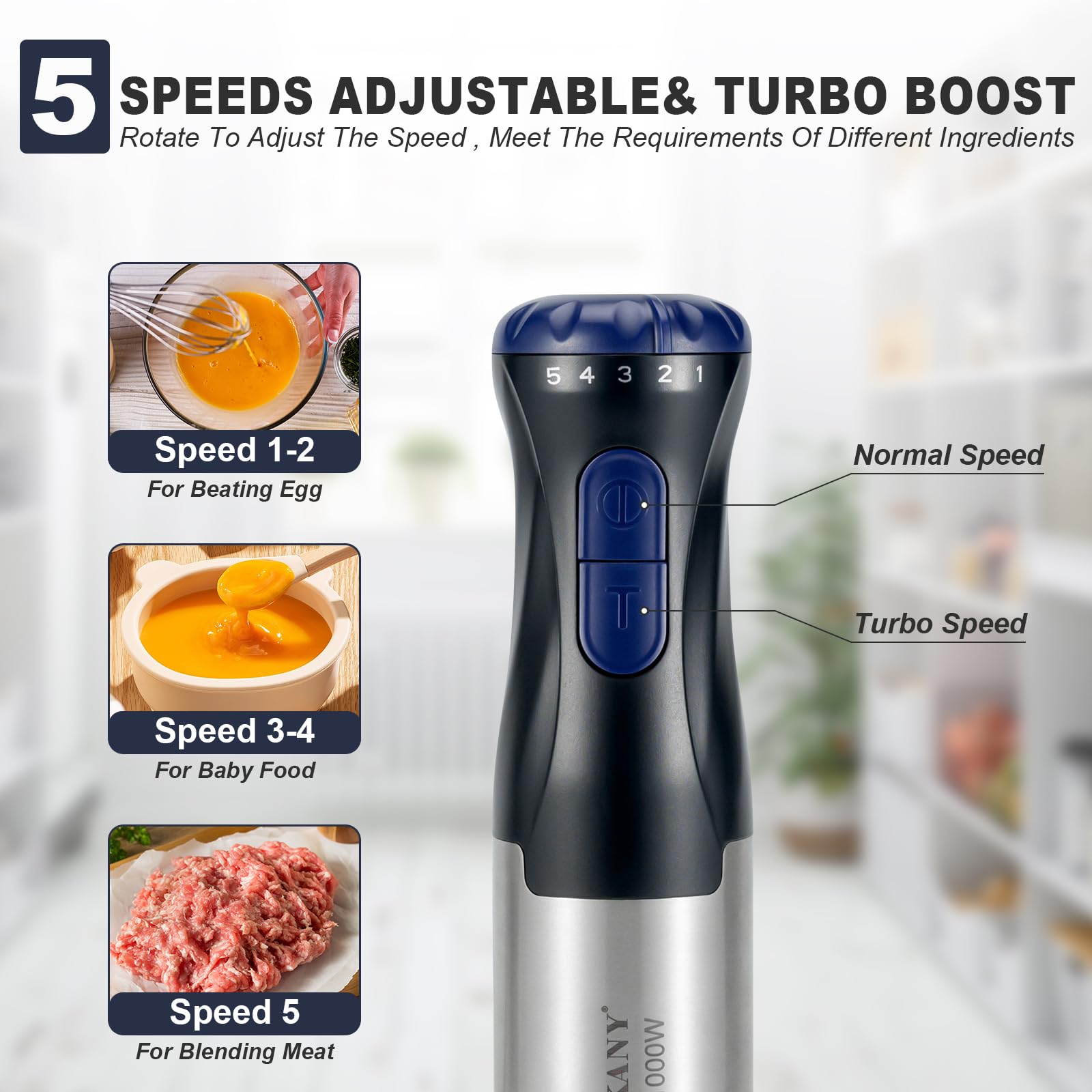 Batidora de inmersión, 5 velocidades variables y turbo, batidora de mano de acero inoxidable 4 en 1 con batidor de huevos, vaso de precipitados y tazón picador