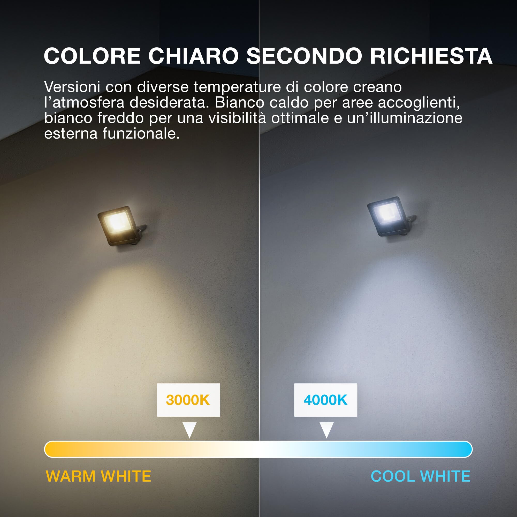 OSRAM Proiettore LED ENDURA FLOOD PC 20W, bianco caldo 3000K, 1800 lumen, IP65, in alluminio riciclato, staffa girevole a 180°, bianco