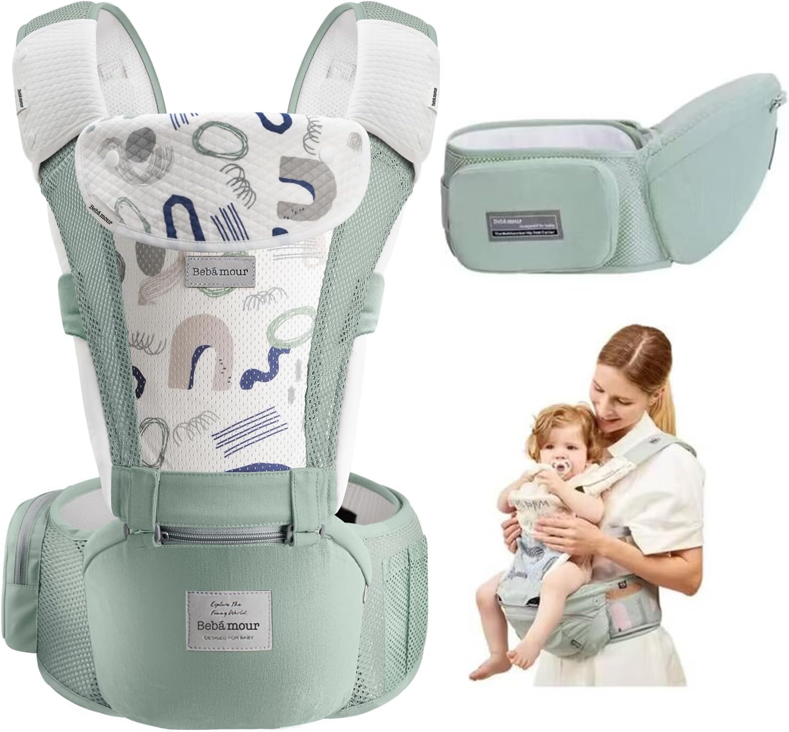 Bebamour Baby Carrier Newborn to Toddler-2 in 1 Hip Seat & Carrier Front and Back Carry with Head Hood & 3 Pieces Teething Pads& Waist Extenders & Storage Bag 0-36 Months (Green)