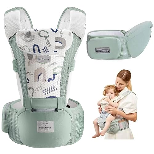 Bebamour - Portabebés para recién nacidos a niños pequeños, asiento de cadera 2 en 1, transporte delantero y trasero con capucha y 3 almohadillas de