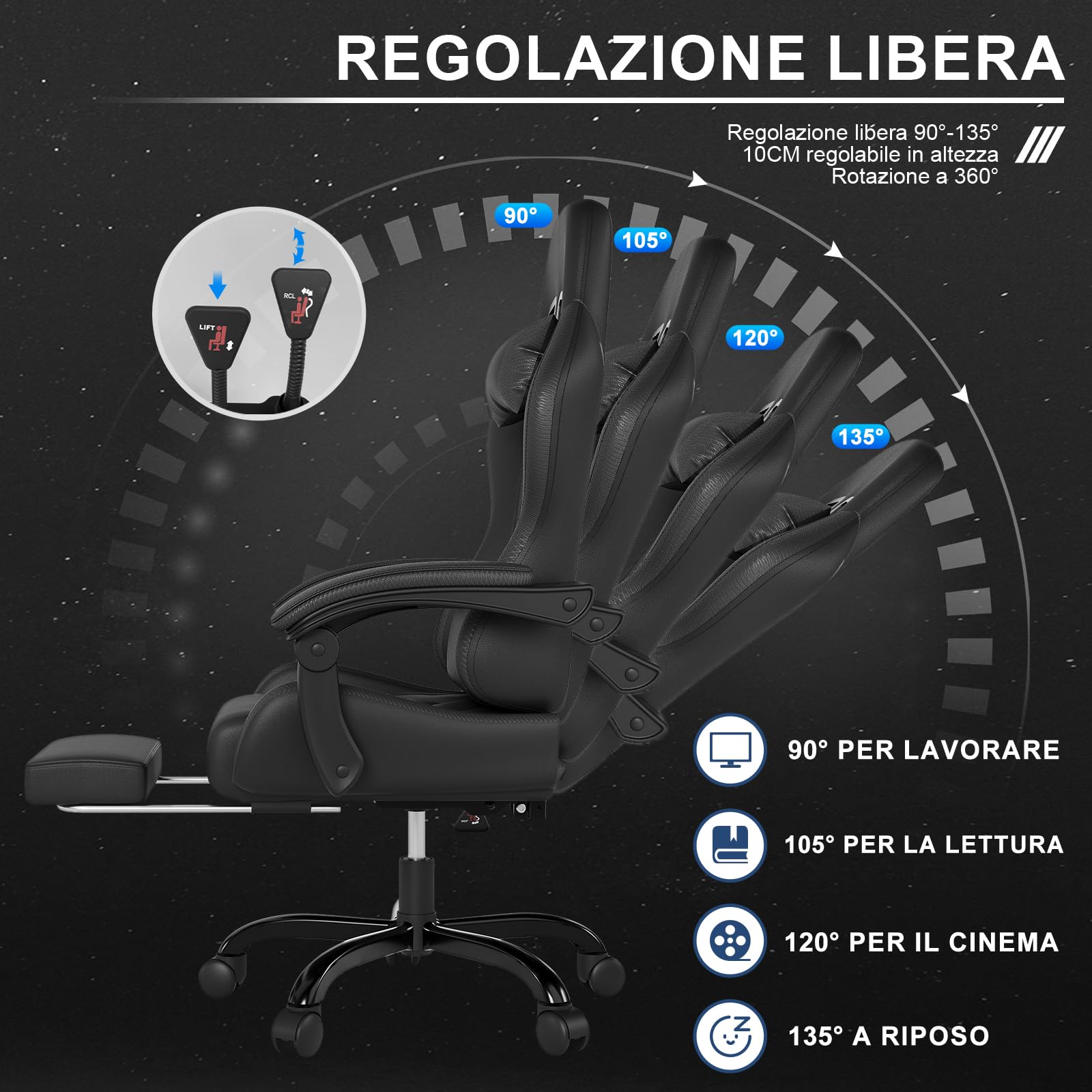 JUMMICO Sedia da gaming da ufficio, ergonomica, con cuscino lombare massaggiante, schienale regolabile 90-135°, e poggiapiedi, capacità di carico 150 kg, colore: nero