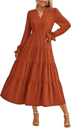 PRETTYGARDEN Long Sleeve Dress for Women 2025 Fall V Neck Tiered Aline Spring Elegant Modest Flowy Wedding Guest Maxi Dresses