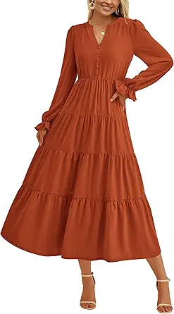 PRETTYGARDEN Long Sleeve Dress for Women 2025 Fall V Neck Tiered Aline Spring Elegant Modest Flowy Wedding Guest Maxi Dresses