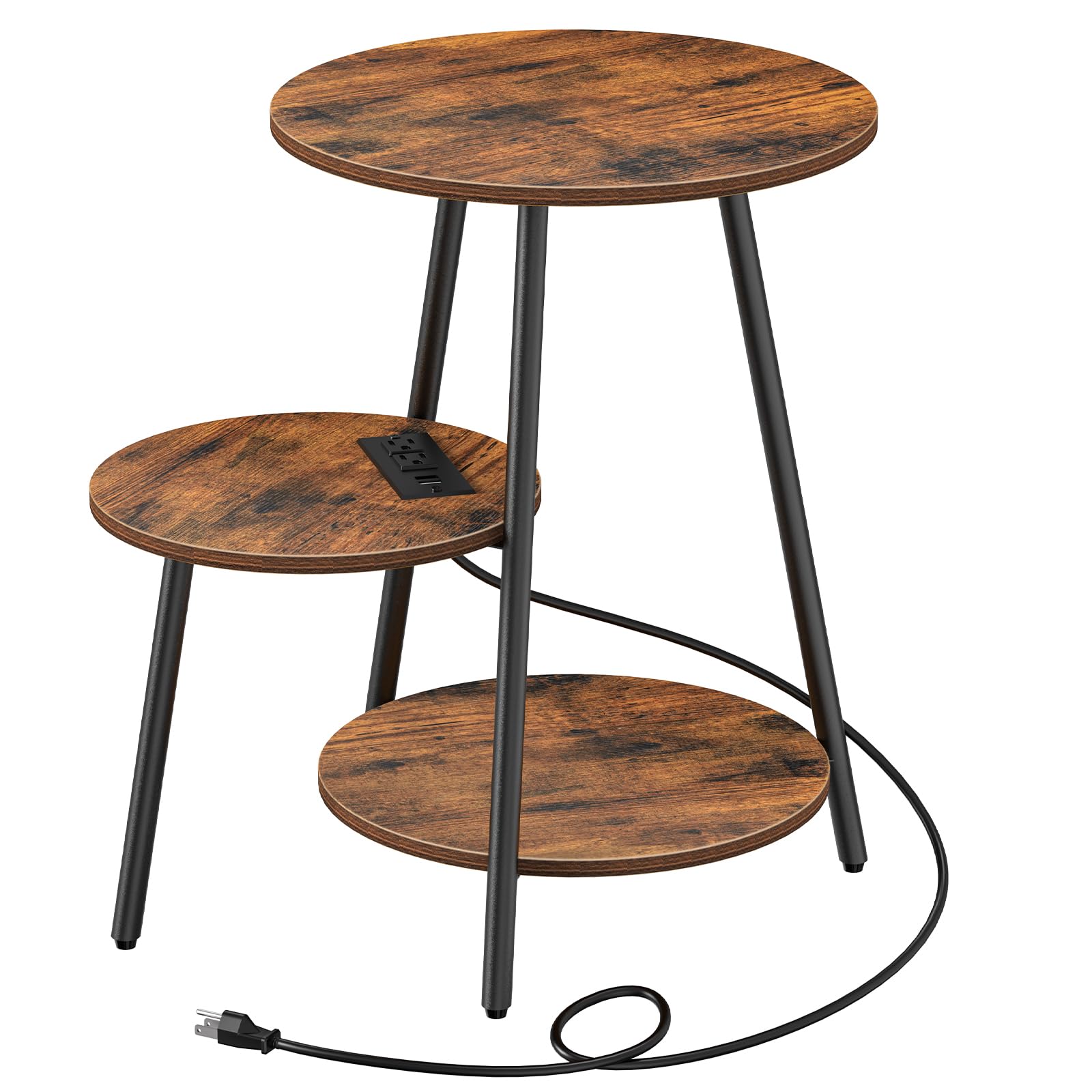 Snughome End Table with Charging Station, 3-Tier Round Side Table, Sofa Table with Wooden Shelves, Small Accent Table for Small Spaces, Bedside Tables for Living Room Bedroom, Lounge, Rustic Brown