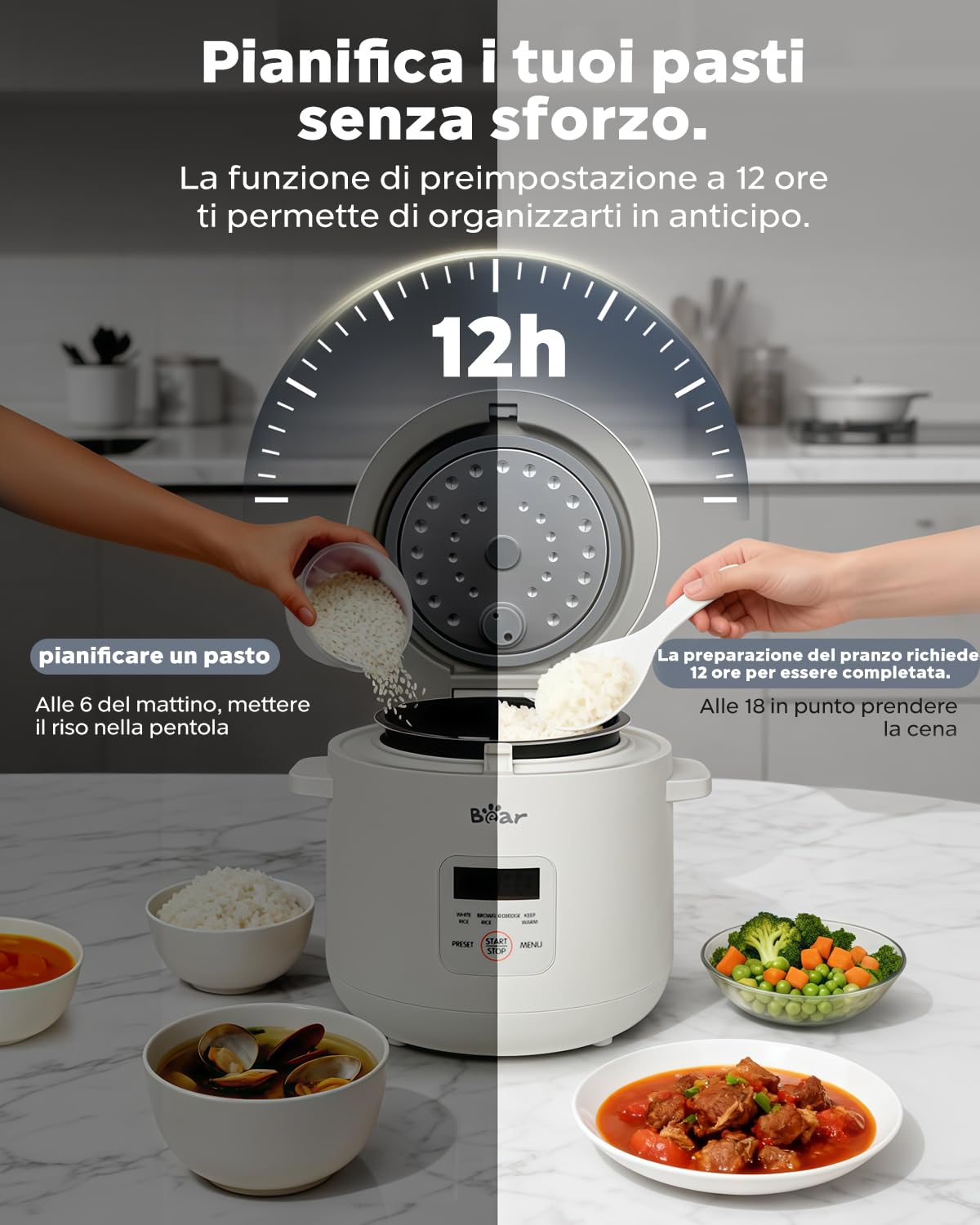 Bear Cuociriso DFB-S12E6 2 Tazze Non Cotte, Multifunzionale 300W Con Funzione Di Mantenimento Del Calore E Preimpostata, Bianco