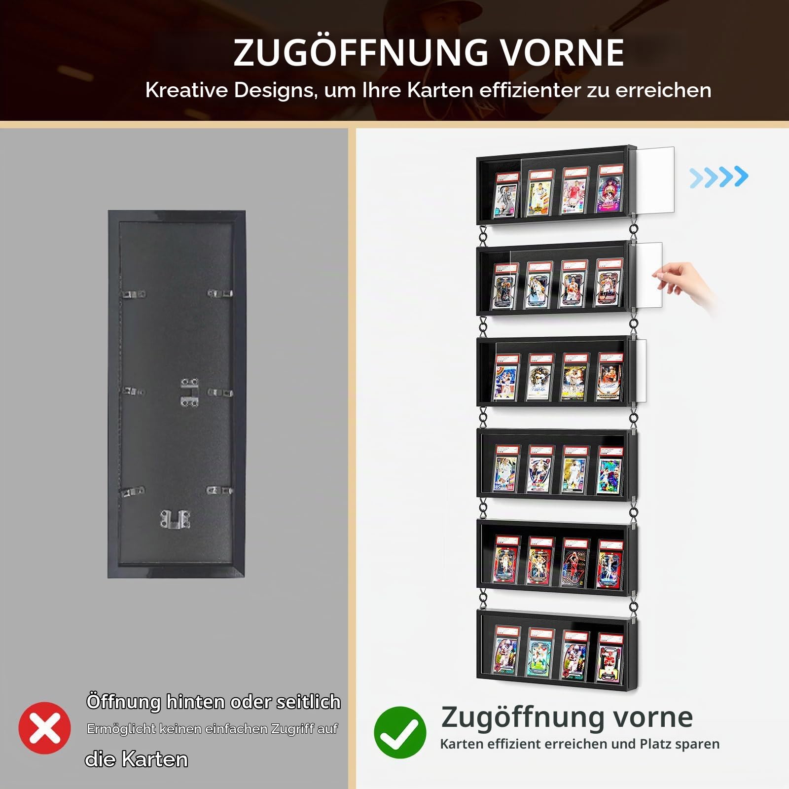 6 Stück Sammelkarten Display Rahmen Wandmontage, Holz Sammelkarten Vitrine mit Transparent HD, Karten Display Rahmen für 24 Sportkarten und Karten Sammeln Ausstellen (Schwarz)