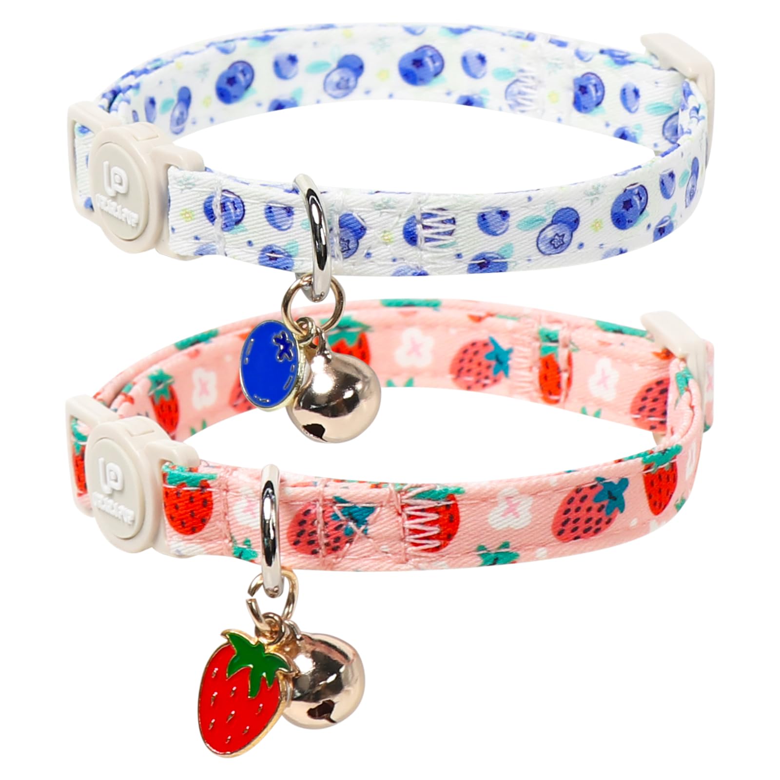Lot de 2 colliers d'été pour chaton - Pendentif myrtille et pêche - Collier pour chat avec clochette - Pour chat fille et garçon