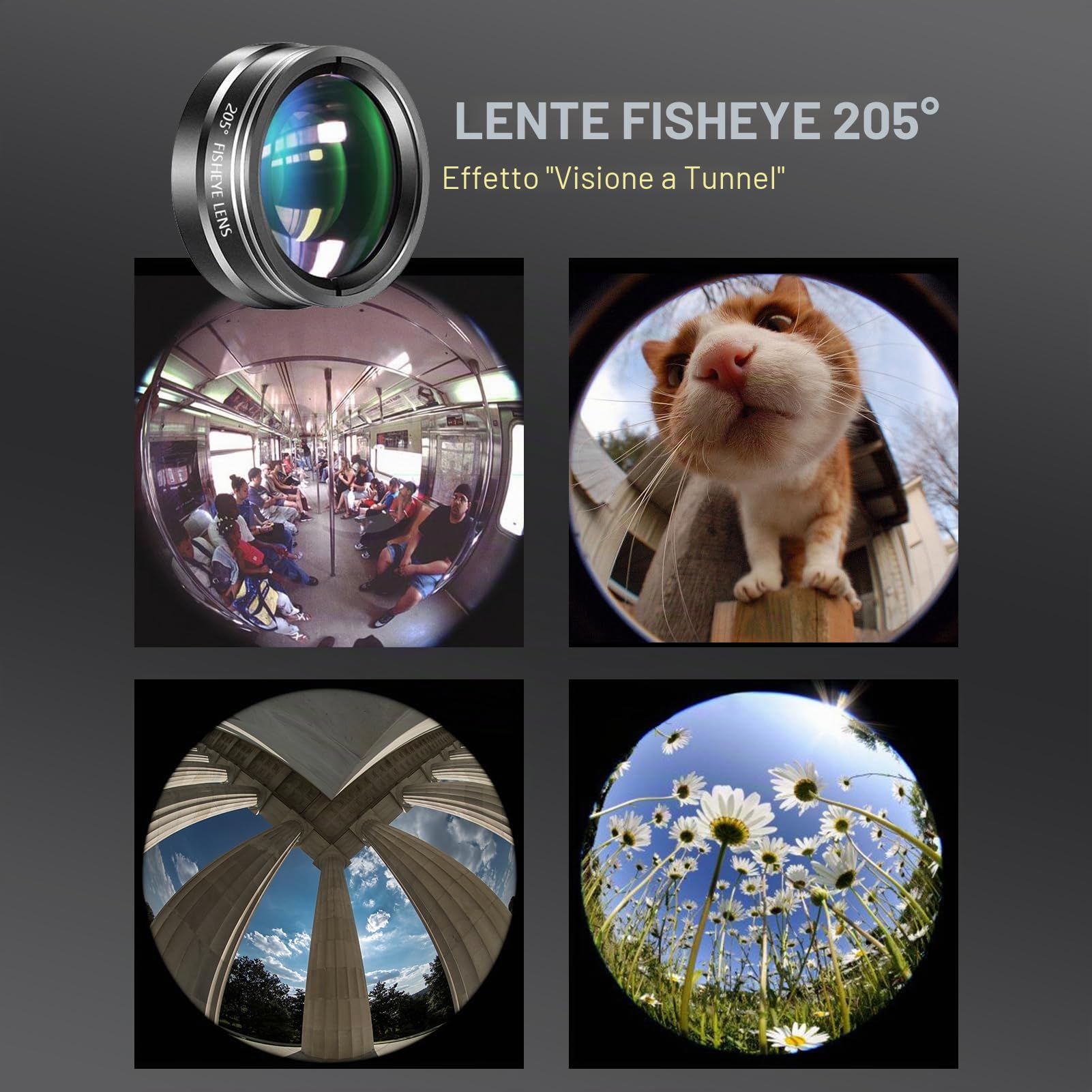 Set di obiettivi 4 in 1 con teleobiettivo 22X, obiettivo Fisheye 205°, obiettivo grandangolare 4K 0,67X, obiettivo macro 25x, clip per obiettivo, labbro del telefono e treppiede per smartphone