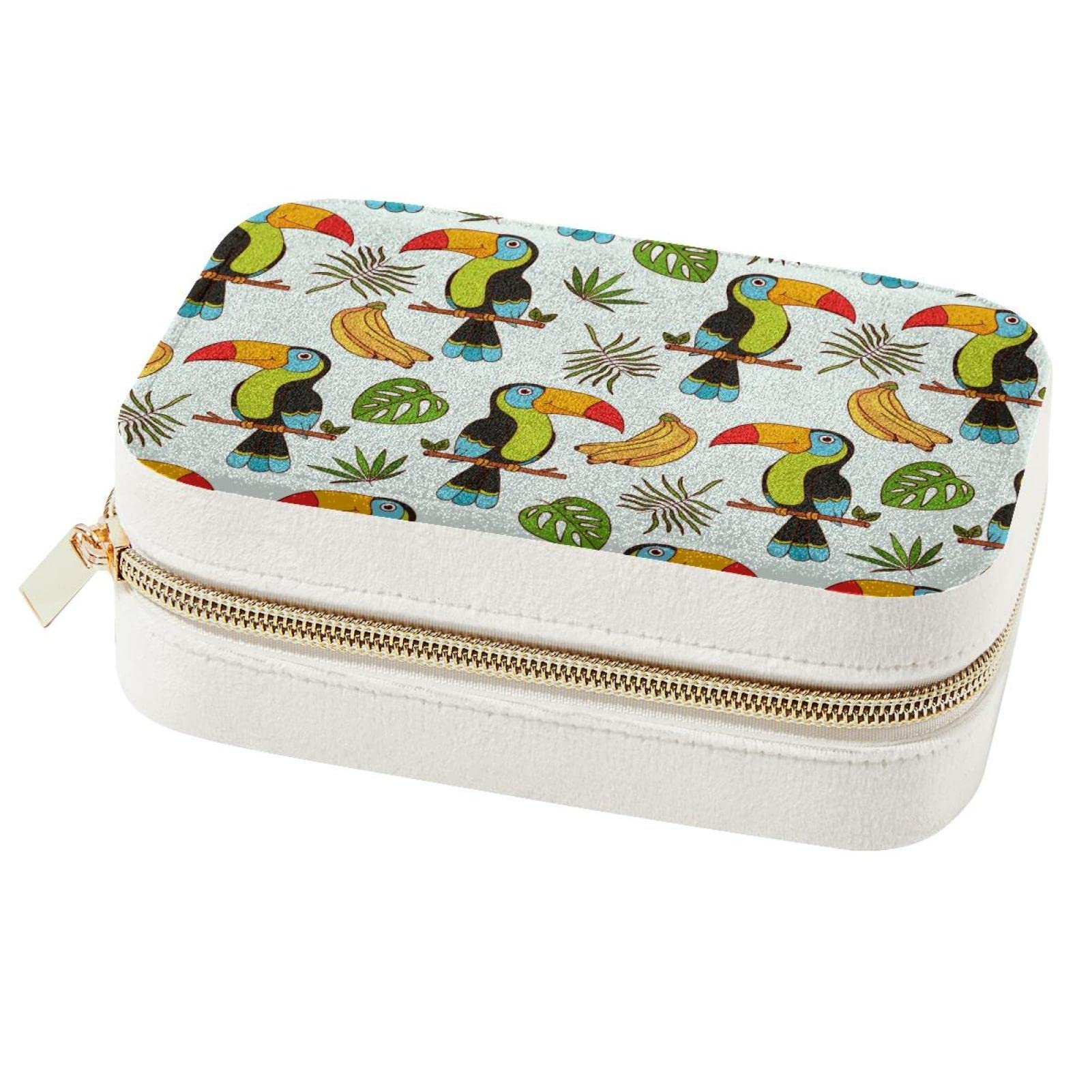 Boîte à bijoux portable toucans pour colliers et bagues féminines motif exotique