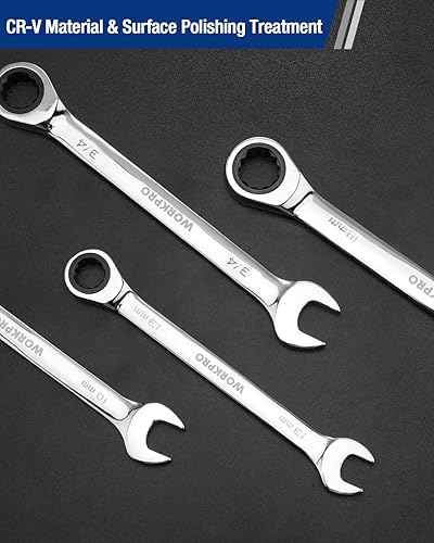 Miniatura 4 de WORKPRO Llave combinada de trinquete de 916 pulgadas SAE, CR-V construida con cromado pulido espejo, diseño de 12 puntos, desplazamiento de 15 grados